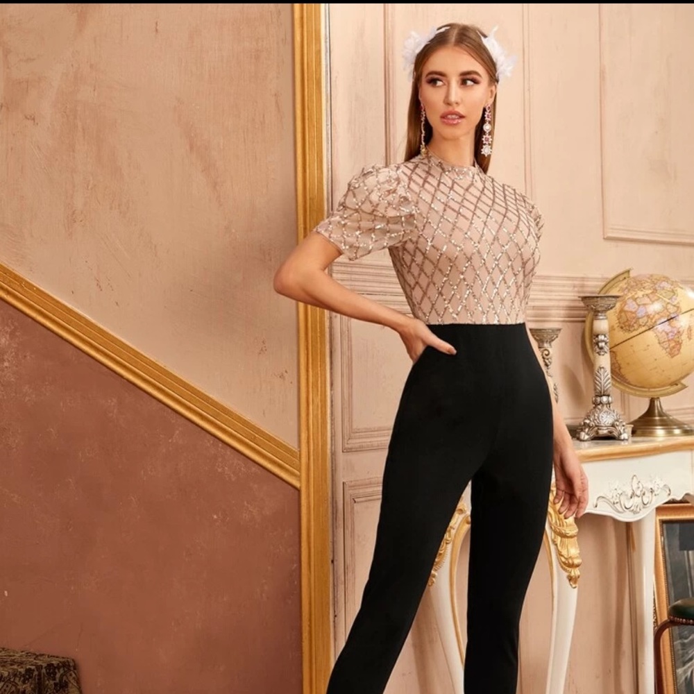 Puff sleeve plaid sequin jumpsuit
